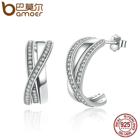BAMOER Genuine 100% 925 Sterling Silver Entwined with Clear CZ Stud Earrings for Women 925 Silver Special Store PAS493