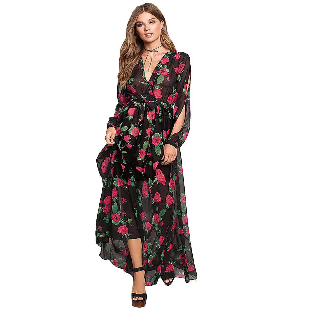Sexy Women Maxi Dress Sheer Chiffon Floral Cross V-Neck Cut Out Sleeve AA World Trade Marketing,Inc Sexy Women Maxi Dress Sheer Chiffon Floral Cross V-Neck Cut Out Sleeve AA World Trade Marketing,Inc