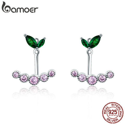BAMOER Real 925 Sterling Silver Spring Flower Buds Stud Earrings Pink & Green CZ Stud Earrings for Women Silver Jewelry SCE296