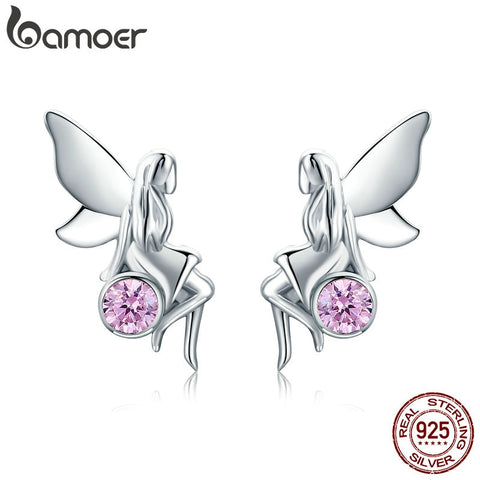 BAMOER New Trendy 100% 925 Sterling Silver Flower Fairy Pink CZ Stud Earrings for Women Sterling Silver Jewelry Gift SCE395