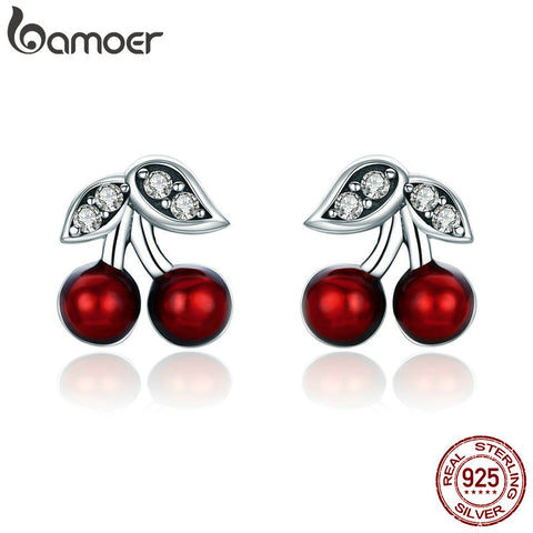 BAMOER Fashion 925 Sterling Silver Summer Cherry Red Enamel & CZ Stud Earrings for Women Sterling Silver Jewelry Gift SCE404