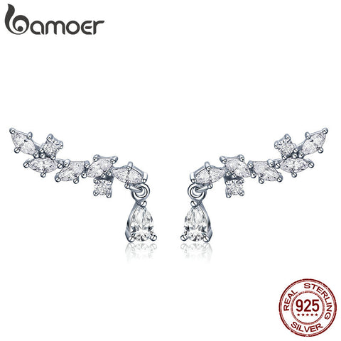 BAMOER Genuine 100% 925 Sterling Silver Elegant Crystal CZ Geometric Stud Earrings for Women Sterling Silver Jewelry SCE385
