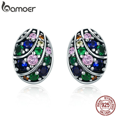 BAMOER 100% 925 Sterling Silver Easter Egg Colorful AAA Zircon Stud Earrings for Women Sterling Silver Jewelry Bijoux SCE293