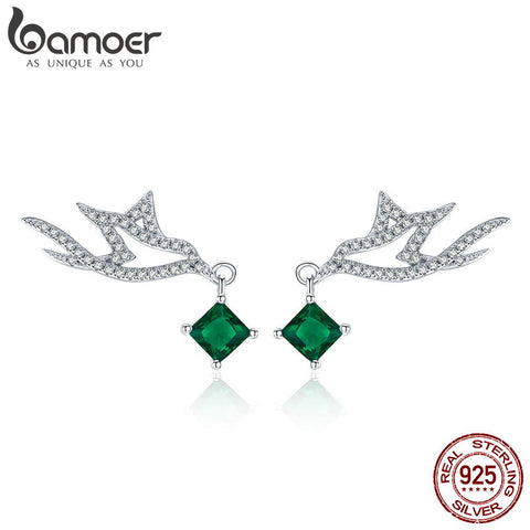 BAMOER High Quality 925 Sterling Silver Green CZ Geometric Shape Stud Earrings for Women Engagement Jewelry Making Gift BSE002