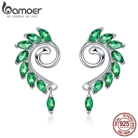 BAMOER High Quality 925 Sterling Silver Green CZ Tree Leaves Tree Leaf Stud Earrings for Women Fashion Jewelry 2018 BSE001