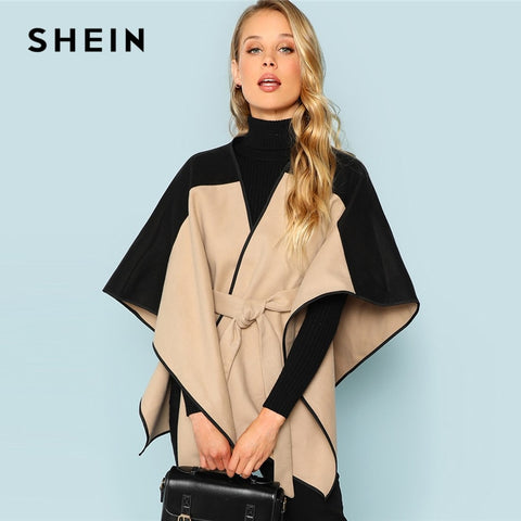 SHEIN Khaki Cut and Sew Lace Up Coat Elegant 3/4 Sleeve Belted Outer Coats Women Autumn Modern Lady Highstreet Fashion Coats