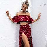 Conmoto Women 2018 Off Shoulder Red Vintage Dot Long Dress Summer Maxi Dress Chiffon Ruffle Sexy Beach Dresses Vestidos