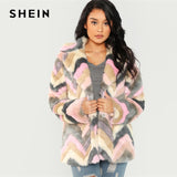SHEIN Multicolor Casual Colorblock Faux Fur Notched Chevron Teddy Coat Autumn Modern Lady Thermal Women Coats And Outerwear