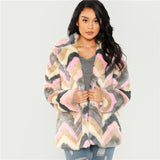 SHEIN Multicolor Casual Colorblock Faux Fur Notched Chevron Teddy Coat Autumn Modern Lady Thermal Women Coats And Outerwear