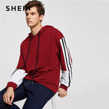 SHEIN Men Burgundy Casual Minimalist Drawstring Color Block Long Sleeve Hoodie Pullovers 2018 Autumn Leisure Male Sweatshirts